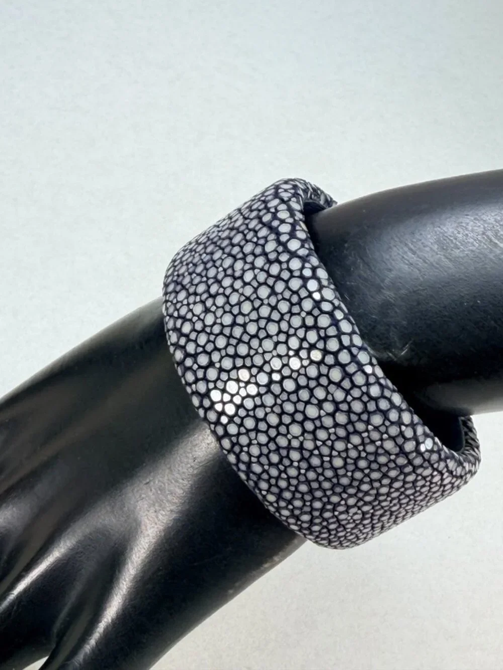 Vintage Genuine Stingray Shagreen Leather Wide Cuff Bracelet Black Unisex